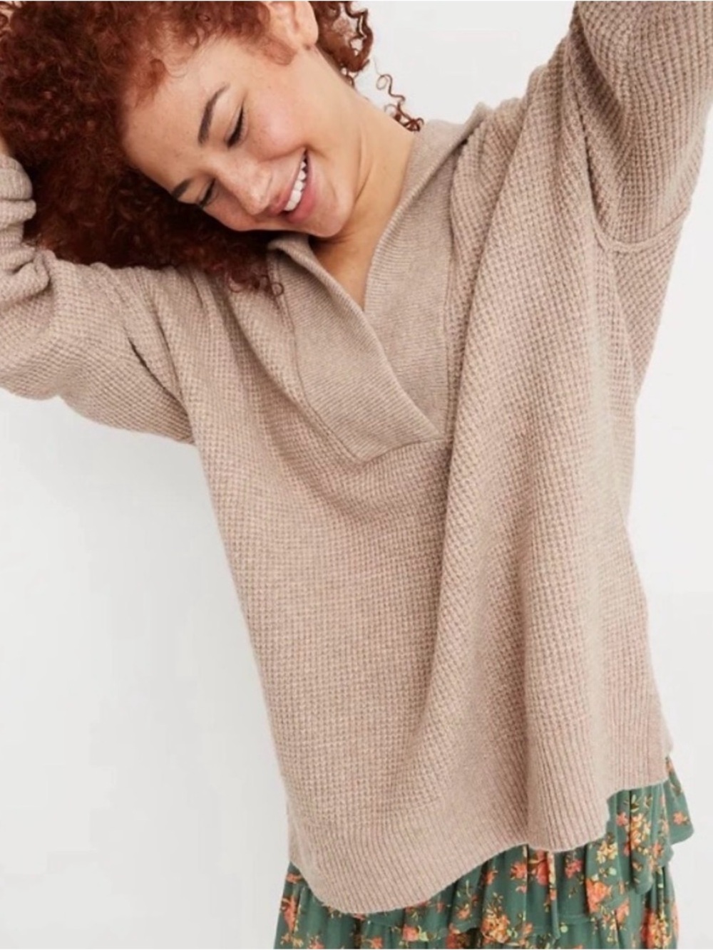 aerie Taupe Waffle Knit V-Neck Sweater